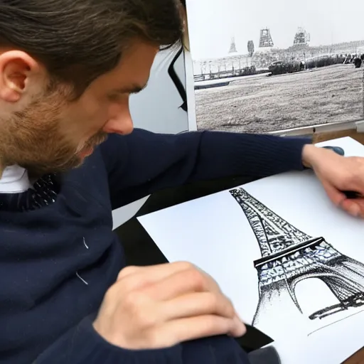 Image similar to a french guy drawing a picture of eiffle tower 8 k