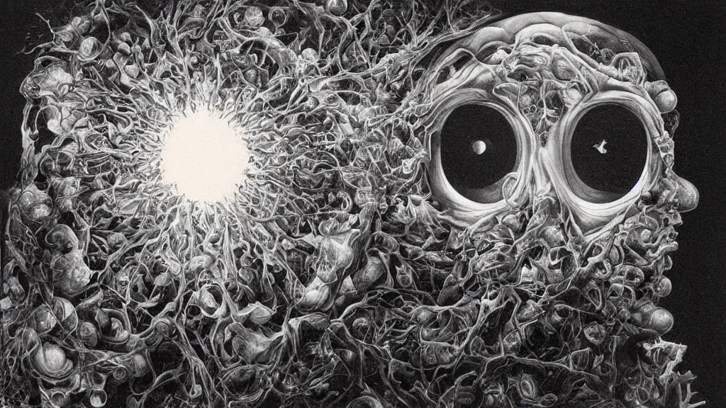 Image similar to a beautiful dreamy painting of a coronavirus inside a glowing high-resolution television screen, dark, face, sinister, detailed, art by M.C. Escher