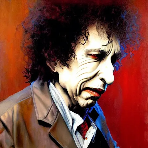 Image similar to exaggerated funny caricature portrait of bob dylan, detailed face, detailed painting, epic lighting, by ilya repin, phil hale and kent williams