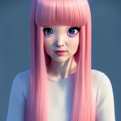 Image similar to A portrait of Nikki from Shining Nikki and Love, a cute 3d cgi toon young woman with long light pink hair, full bangs, hazel eyes, full face, light makeup, pale skin, Chinese heritage, cute outfit, medium shot, mid-shot, hyperdetailed, 8k, trending on artstation, as a Pixar character