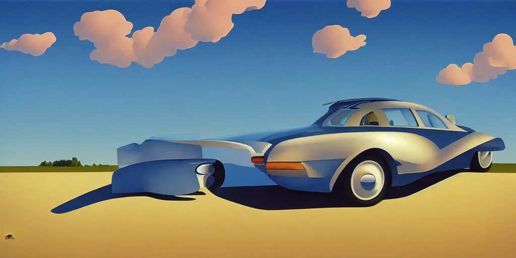 Image similar to futuristic car, blue sky, summer evening, kenton nelson