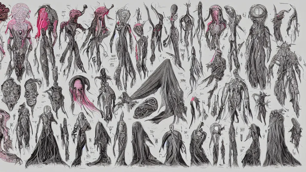 Image similar to concept art, colorful character sheet for an androgynous extraterrestrial with large bulbous head, religious robes, retrofuture, ernst haeckel, fantastic planet, moebius, valerian, coherent, illustration, digital art, trending on artstation, hd, 8 k, good lighting, beautiful, rough paper, masterpiece