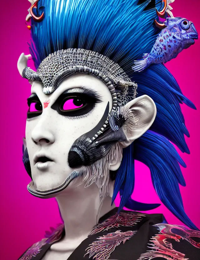 Image similar to 3 d goddess close - up profile portrait punk with mohawk with ram skull. beautiful intricately detailed japanese crow kitsune mask and clasical japanese kimono. betta fish, jellyfish phoenix, bio luminescent, plasma, ice, water, wind, creature, artwork by tooth wu and wlop and beeple and greg rutkowski