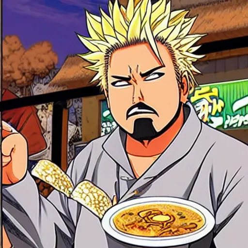 Prompt: Guy Fieri judging a ramen shop at “the village hidden in the leaves” while Naruto gets food poisoning, manga panels 8k black and white comic