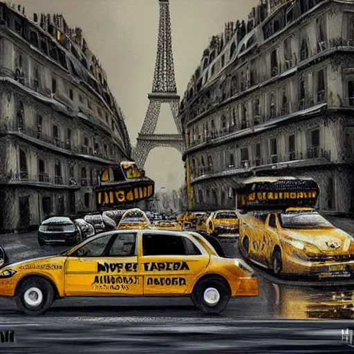 Prompt: a drunk taxi in paris, matte painting, hyper detailed