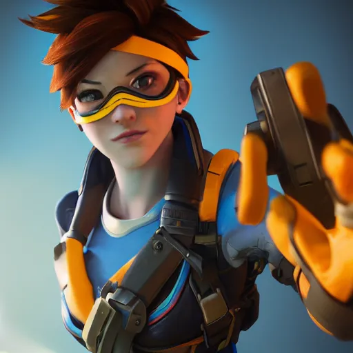 Image similar to tracer from overwatch as a real person, cinematic, volumetric lighting, f 8 aperture, cinematic eastman 5 3 8 4 film, photorealistic