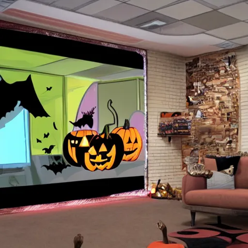 Image similar to Halloween TV show room with big screen on the wall by Disney Concept Artists, blunt borders, rule of thirds