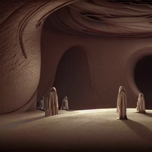 Image similar to colour aesthetic highly detailed photography scene from dune ( 2 0 2 1 ) by alejandro hodorovski and denis villeneuve and gregory crewdson style with ultra hyperrealistic very highly detailed faces. with many details by andrei tarkovsky and caravaggio in sci - fi style. volumetric natural light hyperrealism