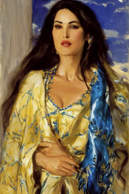 Image similar to monica bellucci as a persian girl with arabesque blue and golden detailed scarf near and mexican palms, painting by john singer sargent