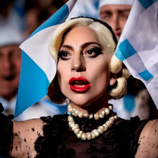 Image similar to Lady Gaga as Evita, Argentina presidential rally, Argentine flags behind, bokeh, epic photo, detailed face, Argentina