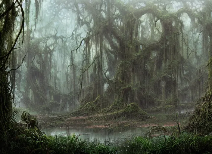 Image similar to matte painting of a huge swamp, overgrown with lush vines, immaculate scale, john howe, digital art, cgsociety, fantasy art, matte painting, lovecraftian horror, fantasy