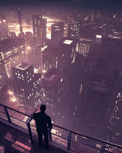 Image similar to a night rooftop scene, close up shot of a photorealistic gangster wearing a trench coat looking at the city below, unreal engine, hyper realism, realistic shading, cinematic composition, 4K ultra high resolution