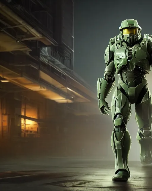 Image similar to off angle beautiful full body shot film still of master chief at night in science fiction city hard surface modeling unreal redshift