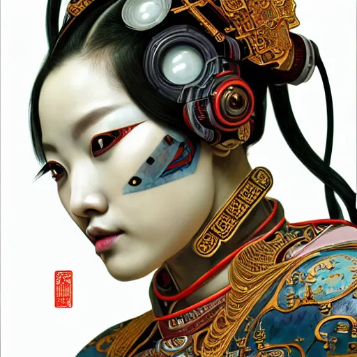 Image similar to a portrait of a female cyberpunk machine, machine face, upper half portrait, decorated with chinese opera motifs, asian, fine china, wuxia, traditional chinese art, intricate, elegant, highly detailed, symmetry, headpiece, digital painting, artstation concept art smooth sharp focus, illustration, art by artgerm and greg rutkowski alphonse mucha 8 k