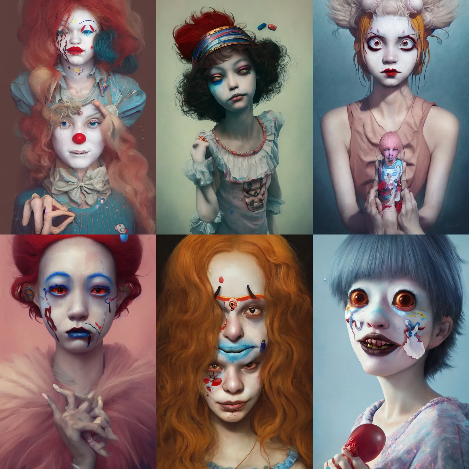 Image similar to breathtaking detailed painting of clown girl , with anxious, piercing eyes, Atari game cover art by Hsiao-Ron Cheng, James jean, Miho Hirano, Hayao Miyazaki, extremely moody lighting, hyperrealistic, octane render, RPG portrait, ambient light, dynamic lighting