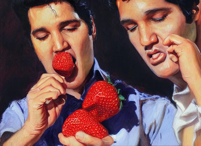 Image similar to a highly detailed beautiful portrait of elvis presley eating an strawberry, by gregory manchess, james gurney, james jean