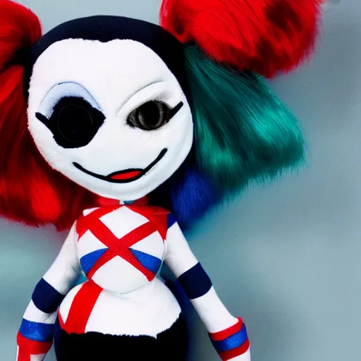 Image similar to lady gaga in harley quinn pupyplush doll, scream, background dark, portrait, 8k