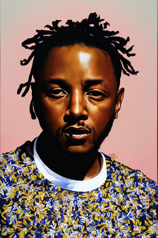 Image similar to Kendrick lamar, portrait by Kehinde Wiley!!, oil paint on canvas, brushstrokes,