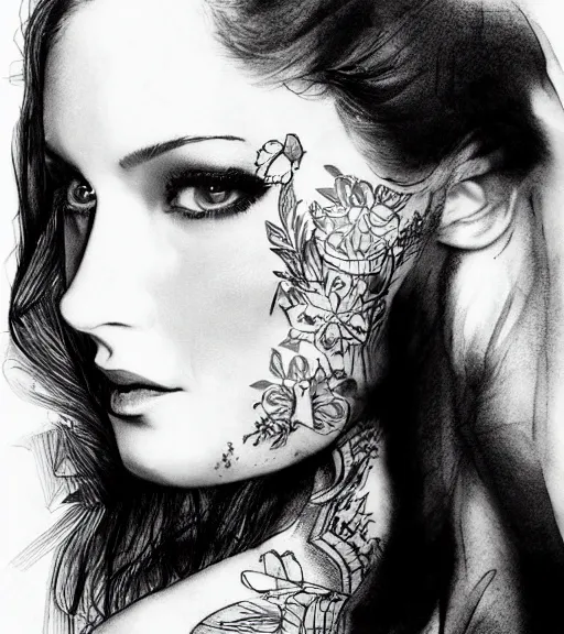Prompt: tattoo design sketch of the most beautiful woman portrait with a background of beautiful mountains on her side, hyper - realistic, double exposure effect, in the style of den yakovlev, amazing detail, black and white, faded