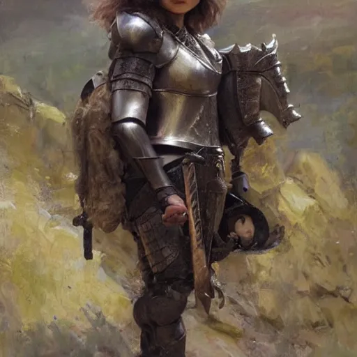 Prompt: close up of dora the explorer wearing leather armor, cinematographic shot, by daniel f. gerhartz