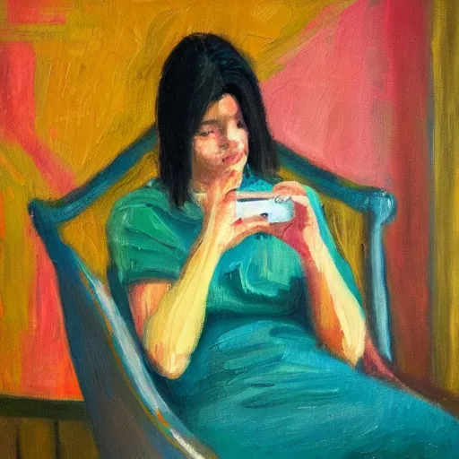 Image similar to a vivid impressionistic painting of a bored woman, she is holding a smartphone, oil on canvas, trending on artstation