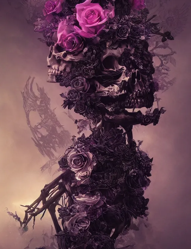 Image similar to a chaotic goddess of death skeleton as a heroine, intricate, elegant skull black rose s day of the dead atmospheric, dramatic, Trending on artstation. augmentations and cybernetic enhancements neon circuits, greg rutkowski , hyperrealist, cinema4D, 8k highly detailed