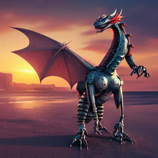 Image similar to a highly detailed full shot of beautiful anthropomorphic robot female dragon, standing and posing elegantly, streamlined mechanical body, with sharp claws on her hands and feet, two arms, two legs, long tail, on the beach, artstation, DeviantArt, professional, octane render, sunset lighting