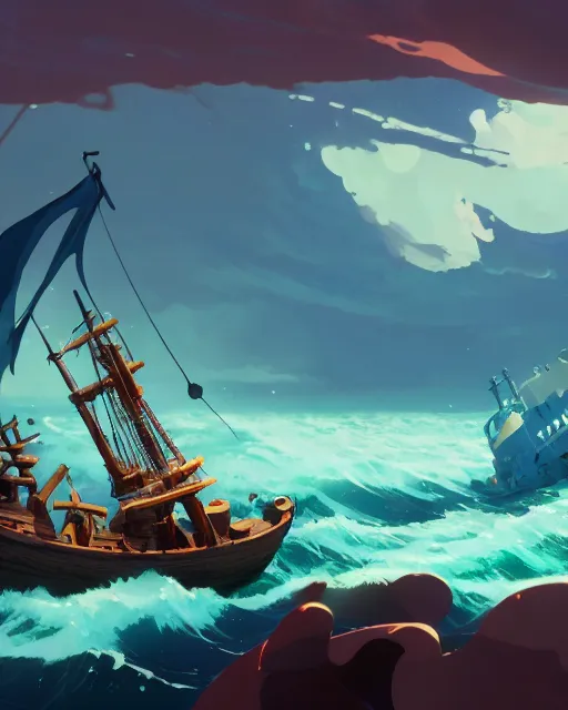 Prompt: a pirate ship being attacked by a kraken, deep water, glowing fish, rocks with lush vegetation, cory loftis, james gilleard, atey ghailan, makoto shinkai, goro fujita, studio ghibli, rim light, exquisite lighting, clear focus, very coherent, plain background, soft painting