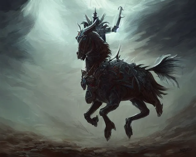 Image similar to A ghost warrior riding a giant ghost horse with armour, fantasy art, in the style of Frank Neidhardt, illustration, epic art, fantasy, intricate, elgant, amazing detail, digital painting, artstation, concept art, smooth, sharp focus