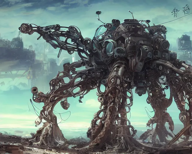 Prompt: beautiful picture of a giant octopus mecha, standing in a post-apocalyptic wasteland, anime style, art by Hajime Katoki, trending on artstation