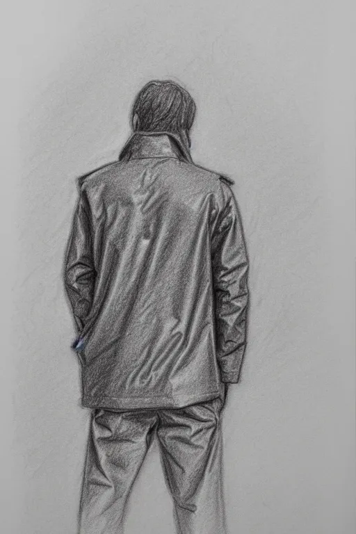 Image similar to a drawn man standing in the rain in a jacket. pencil sketch.