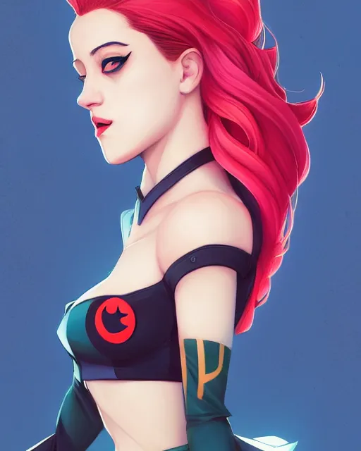 Image similar to a portrait of Lili Reinhart Batgirl comics, red hair, art by lois van baarle and loish and ross tran and rossdraws and sam yang and samdoesarts and artgerm, Joshua Middleton, symmetrical eyes, digital art, highly detailed, intricate, sharp focus, Trending on Artstation HQ, deviantart, unreal engine 5, 4K UHD image