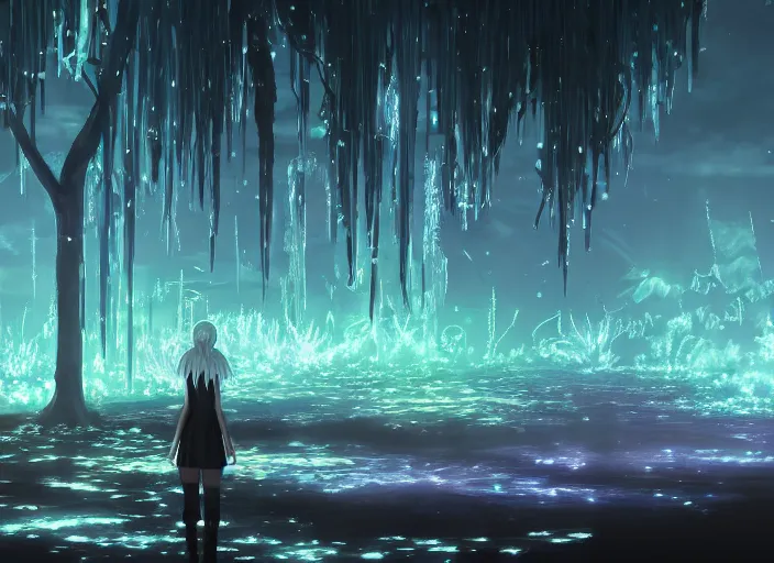 Image similar to scenery artwork, scene luminous, bioluminescent acrylic and cold nier automata pixiv scenery artwork : nature dream wire vegetation magic density infinite, macro seminal dream points of icy, frozen vaporwave shards tempted to turn into a dream scenery, high quality topical render, nier automata, concept art