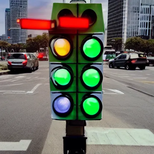 Image similar to a realistic photo of traffic light that uses portals from the video game portal 2 to control traffic at an intersection