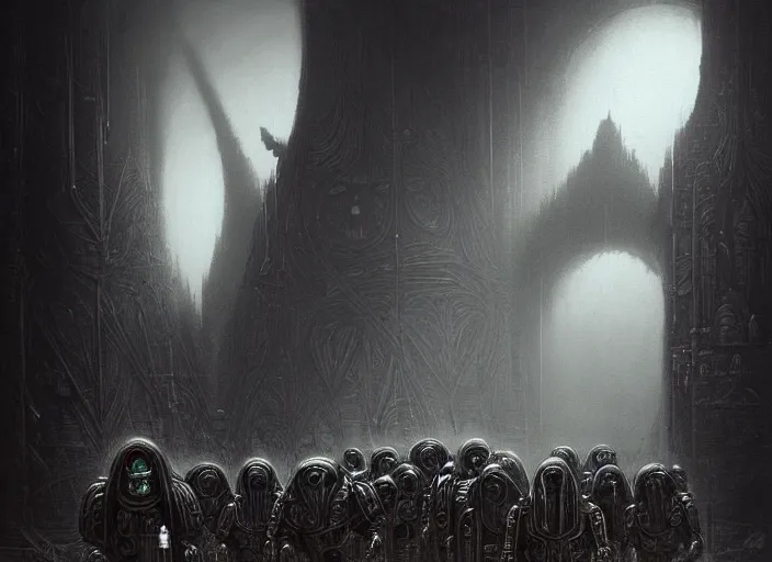 Image similar to an epic potrait of knowledge seeking cloaked tech priest, Adeptus Mechanicus, cybernetic enhancements, praise the omnissaiah, Zdzislaw Beksinski, Lewis Jones, mattias adolfsson, (Piranesi), Warhammer 40K!!, cold hue's, warm tone gradient background, concept art