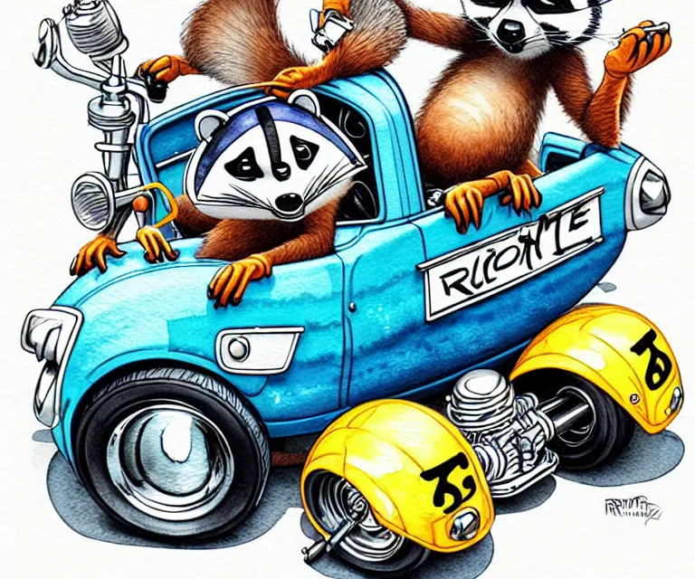 Image similar to cute and funny, racoon wearing a helmet riding in a tiny hot rod with oversized engine, ratfink style by ed roth, centered award winning watercolor pen illustration, isometric illustration by raymond edmonds, edited by range murata, tiny details by artgerm, symmetrically isometrically centered