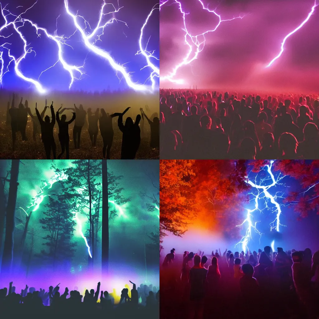 Prompt: People dancing in front of a wall of speakers a forest at night with dramatic colored lightning and fog in the ground