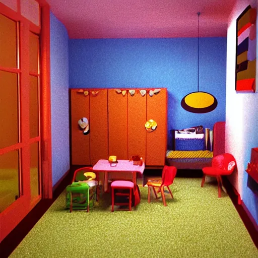 Prompt: retro cgi 1 9 9 0 s playroom, carpeted, grainy, small balcony, soft lighting