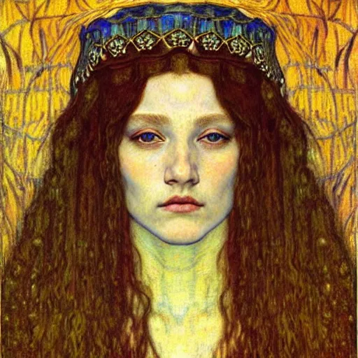 Image similar to detailed realistic beautiful young medieval queen face portrait by jean delville, gustav klimt and vincent van gogh, art nouveau, symbolist, visionary, gothic, pre - raphaelite