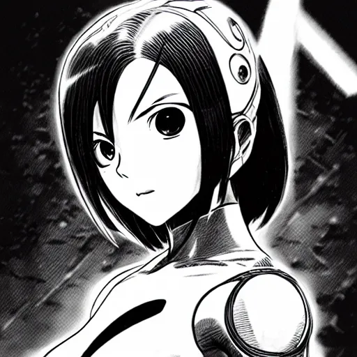 Image similar to alita by yukito kishiro. medium shot. black and white manga. pencil drawing.