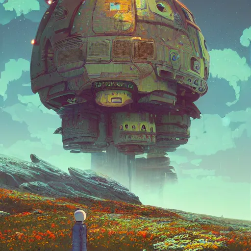 Image similar to a fantastic hyperdetailed 3 d matte painting of a giant robot partially covered in overgrowing wildflowers on an alien planet under arctic moonlight by moebius by beeple by by jakub rozalski by paul lehr by dan mumford