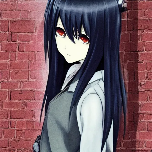 Image similar to 1 7 - year - old anime goth girl, black hair, long bob cut, long bangs, gothic coat, long bangs, united kingdom, rainy day, small town, midlands, english village, street scene, ultra - realistic, sharp details, cold lighting, blue and gray colors, intricate details, subsurface scattering, hd anime, 2 0 1 9 anime