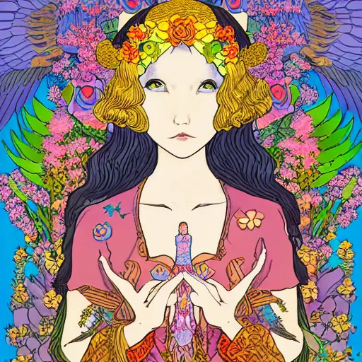 Image similar to a young NeoPagan Goddess of Spring, inside her temple, in a blended style by Junko Mizuno, Henry Darger, and Peter Chung, hyper detailed, photorealistic digital art, flat colors, extremely fine inking lines