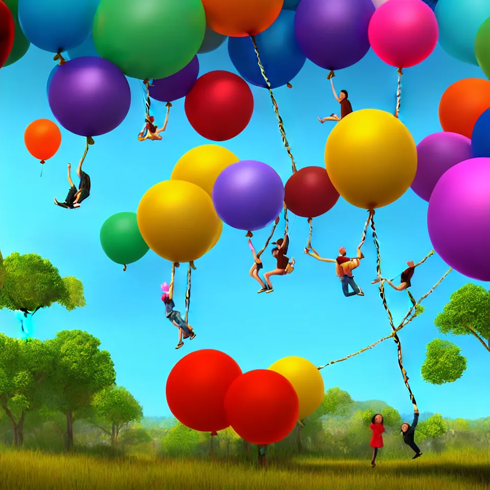 Image similar to large colorful balloons with people on rope swings underneath, flying high over the landscape, realistic, detailed, digital art, unreal engine