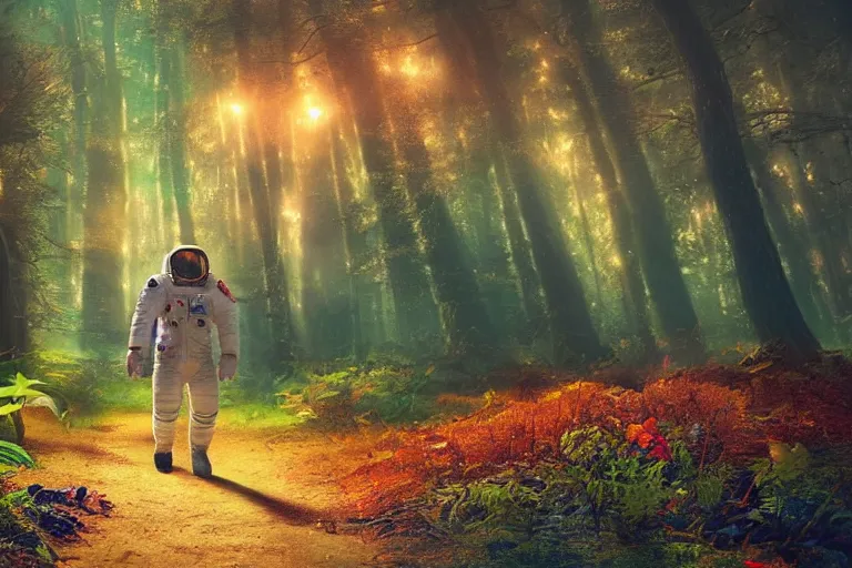 Image similar to Astronaut walking in a beautiful enchanted fantasy forest. Colorful. Cinematic lighting. Photorealism.