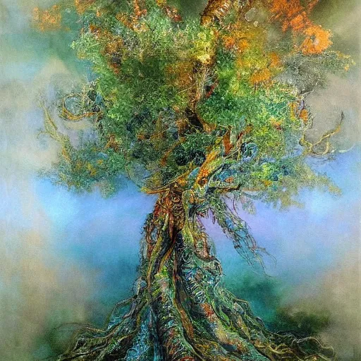 Image similar to an amano oil painting of a very wonderful perfect amazing incredible glorious beautiful mind flowing giant tree of heavenly grace