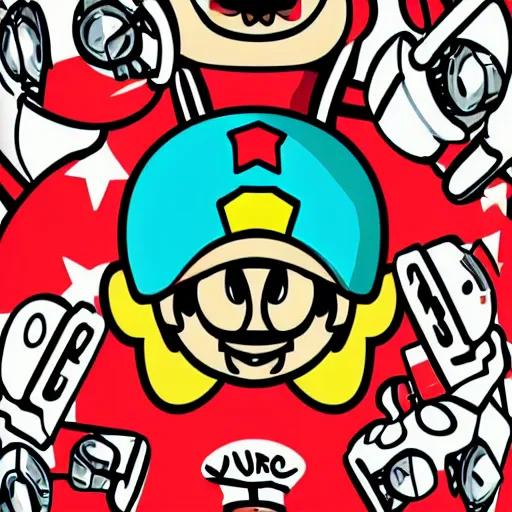 Image similar to svg sticker of a Pop-Wonder SuperMario, Mario-Wearing-a-red-hat, at a rave, spinning records, giant headphones rocking out, wearing headphones, huge speakers, dancing, rave, DJ, spinning records, digital art, amazing composition, rule-of-thirds, award-winning, trending on artstation, featured on deviantart