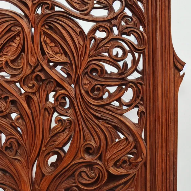 Prompt: a 3 d wooden mahogany art nouveau carved sculpture of a delicate tracery pattern, intricate and highly detailed, well - lit, ornate, realistic, polished with visible wood grain