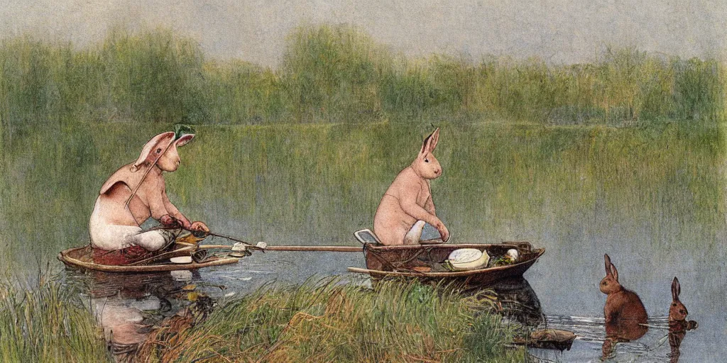 Prompt: a rabbit fishing by a calm lake, in the style of carl larsson