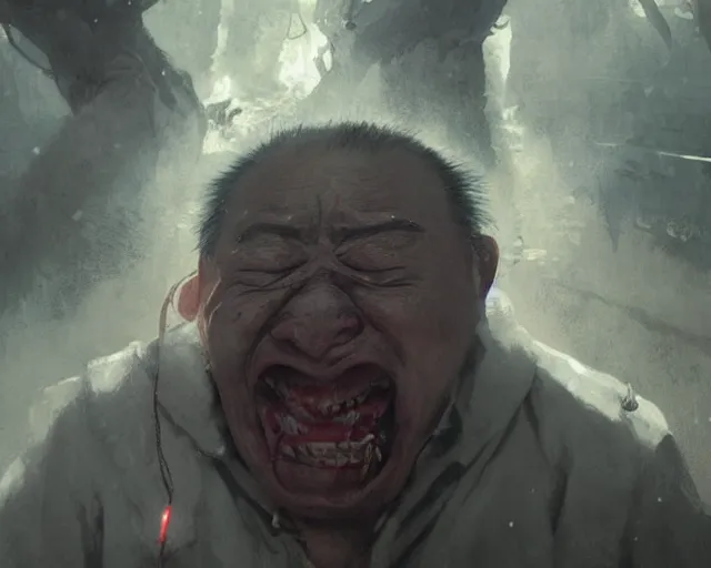 Image similar to a 50 year old brunnete chinese man with puffy cheeks bursting in tears on the floor, horror scene, dramatic, close up shot, anime art, Greg Rutkowski, studio ghibli, dramatic lighting